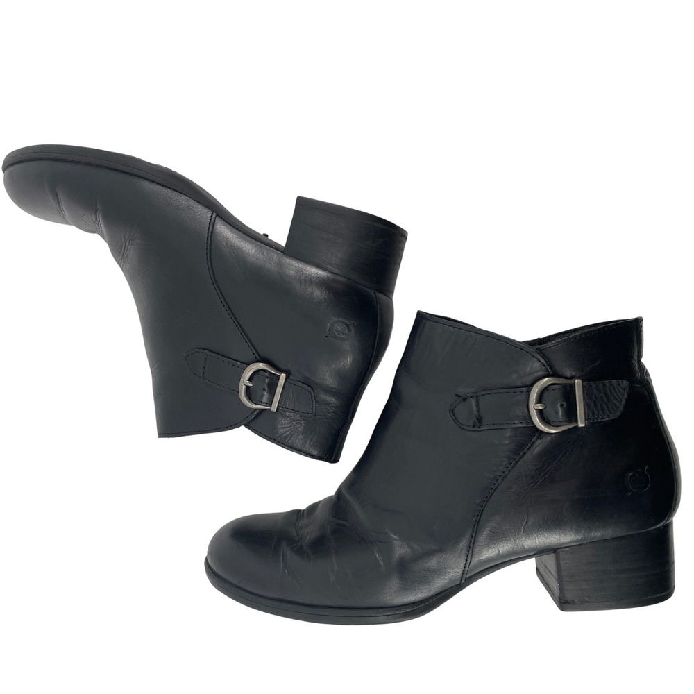 Born Ankle Boots Womens 9 Black Leather Buckle Block Heel Classic Booties Staple